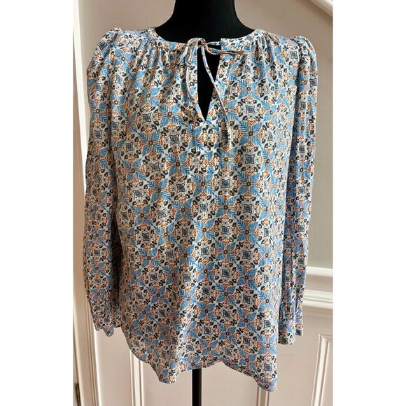 LOFT Tops - Loft Long Sleeve Blue Orange Gold Thread Tie Neckline Peasant Blouse Size M